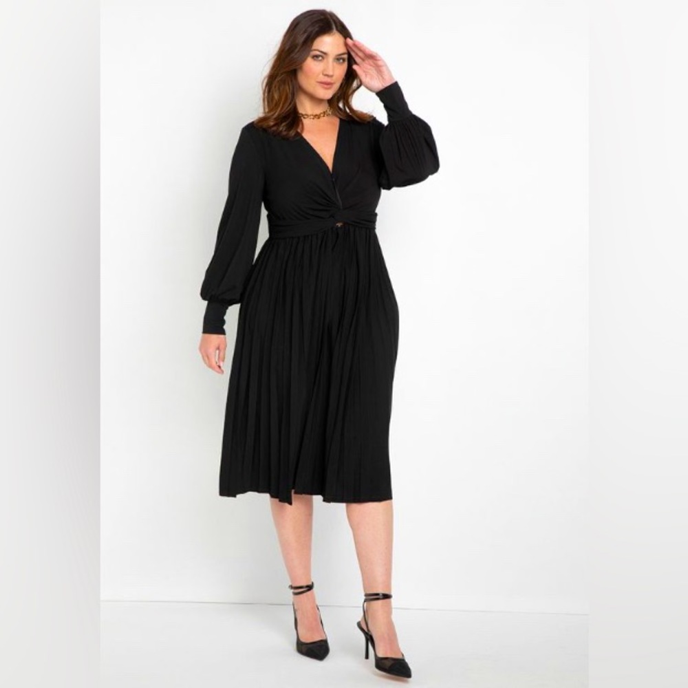 New Eloquii V-Neck Long Sleeve Front Knot Black Pleated Skirt Midi Dress